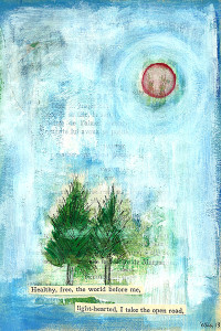 "Open Road" — ©2013 Elka Eastly Vera mixed media on vintage book page, 6 x 9 inches